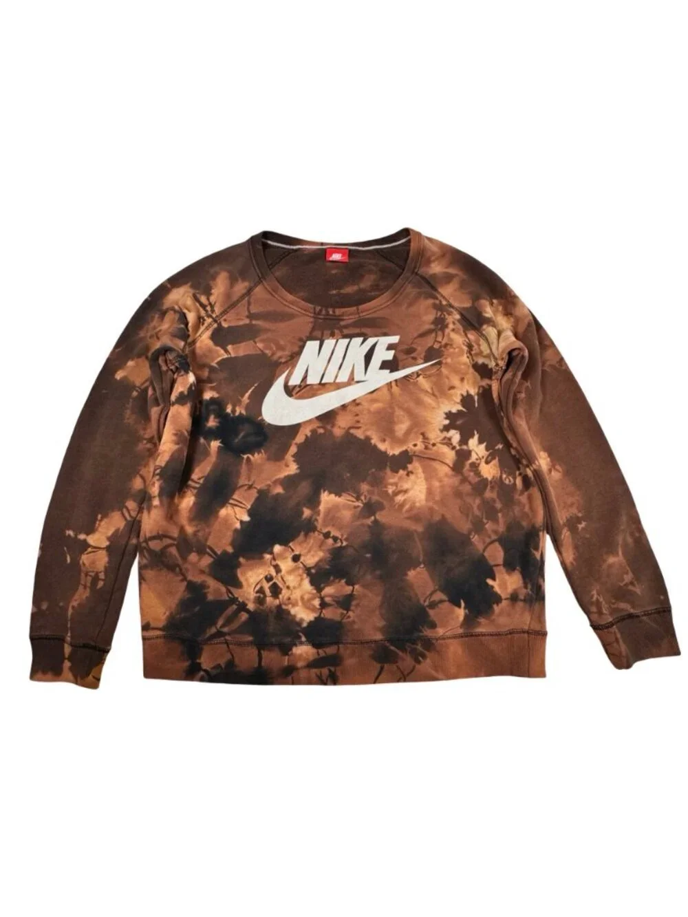 Nike Sweatshirt Mens XL Custom Bleach Tie Dye Pullover Brown Y2K Grunge Logo